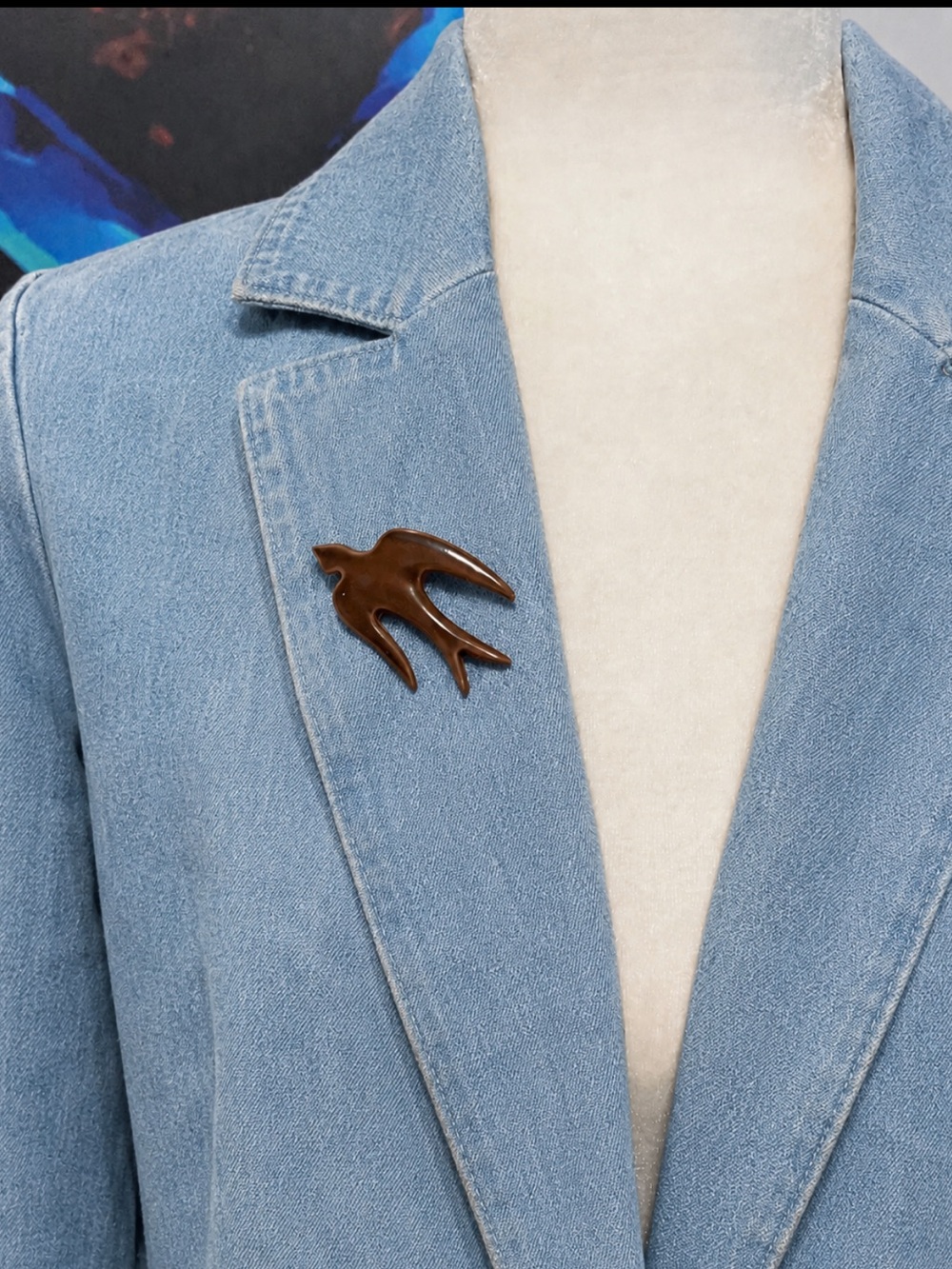 Vintage Early 1980s Artisan Brown Swallow Brooch Wearable Art - Painted Acrylic